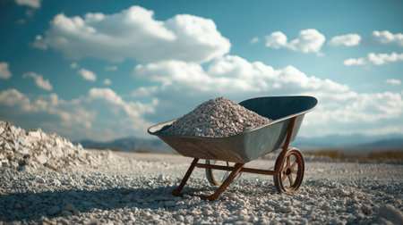 Close-up of a wheelbarrow full of gravel, copy space available in the skyの素材