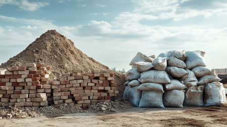 Piles of bricks and bags of cement on the ground, copy space available in the skyの素材