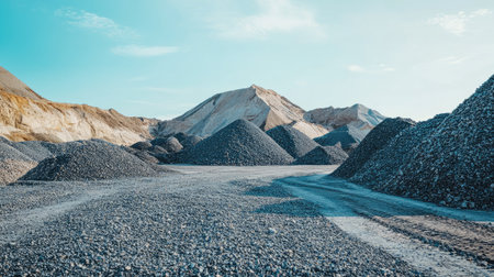 Piles of gravel and construction materials, blank sky for textの素材