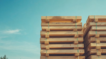 Stacked wooden boards at a building site, open area in the sky for copy spaceの素材
