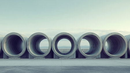 Large concrete pipes neatly stacked, ample space for text in the backgroundの素材