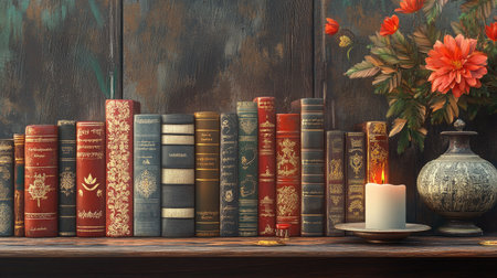 Rows of South Asian literary classics on a handcrafted wooden shelf, ample copy space to the rightの素材