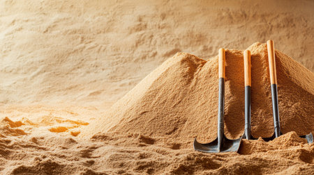 Piles of construction sand with shovels, open area for copy spaceの素材