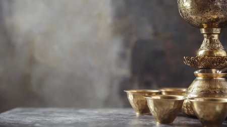 A serene scene featuring ornate gold cups on a rustic table surface, capturing elegance and tradition in a beautifully crafted design. Perfect for artistic displays.の素材