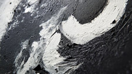 Close-up view of an abstract black and white painting, highlighting the textured details and brushstrokes. Perfect for art and design projects.の素材