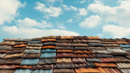 Roofing tiles piled up, blank sky above providing room for textの素材