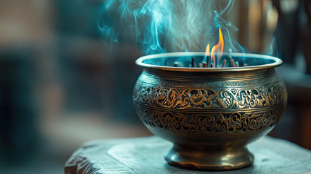 A beautifully crafted bronze incense burner releasing ethereal smoke, creating a serene atmosphere perfect for meditation or spiritual rituals.の素材