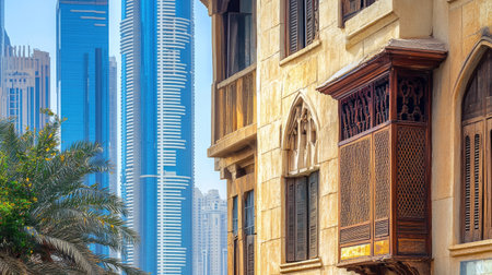 Experience the unique blend of traditional and modern architecture in Dubai, featuring historic wooden balconies against a stunning skyline backdrop.の素材