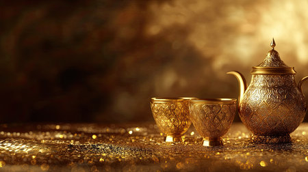 A stunning arrangement of a gold teapot and cups, showcasing intricate detailing on a shimmering background. Perfect for themes of luxury, culture, and celebration.の素材