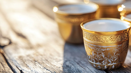 Discover elegant gold cups set on a rustic wooden table. The unique design features intricate patterns, creating a warm and inviting atmosphere suitable for various occasions.の素材