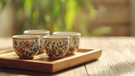 A charming arrangement of decorative tea cups on a wooden tray, illuminated by gentle sunlight, perfect for showcasing a cozy and inviting atmosphere.の素材