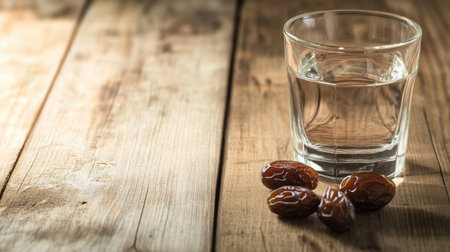 A captivating still life featuring a glass of clear water beside sweet dates on a rustic wooden table, evoking a sense of warmth and simplicity.の素材