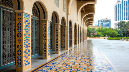 Discover a stunning architectural arcade adorned with colorful tiles, showcasing intricate patterns and vibrant designs in an urban landscape setting.の素材