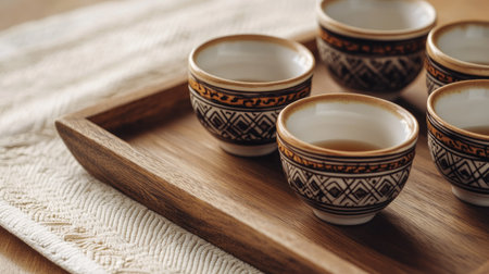 A charming arrangement of traditional ceramic cups on a wooden tray. Perfect for showcasing beverage culture and distinctive design in home decor.の素材