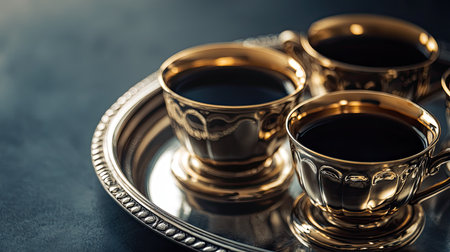 Discover an elegant arrangement of golden coffee cups on a silver tray, capturing luxury and warmth in a sophisticated presentation perfect for any setting.の素材