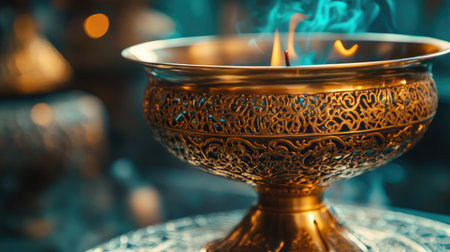 A beautifully decorated bowl showcasing a flame and smoke, creating a warm ambiance. Perfect for illustrating themes of tranquility, culture, and beauty.の素材