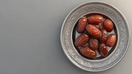 A close-up view of fresh dates displayed on an ornate silver plate, showcasing their rich color and glossy texture, perfect for healthy snacking.の素材