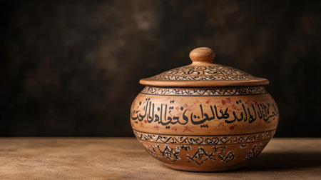 A beautifully crafted traditional pot featuring intricate designs and elegant calligraphy, perfect for enhancing any rustic or artistic decor.の素材