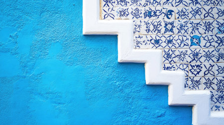 A stunning blue wall featuring intricate mosaic tiles, capturing the beauty of color and design. Perfect for home decor or artistic inspiration.の素材