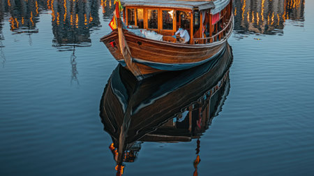 A stunning wooden boat gracefully floats on calm water, reflecting warm lights and creating a serene atmosphere perfect for nature lovers and travelers.の素材