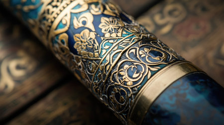 Explore the exquisite details of ornate metalwork featuring a rich blue and gold design. This close-up highlights intricate patterns and craftsmanship, perfect for art enthusiasts.の素材