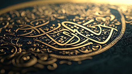 This stunning artwork features intricate golden calligraphy set against a rich textured background, showcasing the elegance and artistry of design with a luxurious touch.の素材