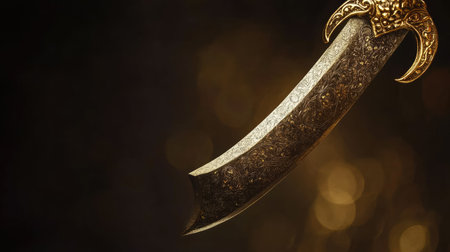 This image showcases an ornate curved sword featuring an intricately designed blade and decorative gold accents, set against a blurred background. Perfect for themes of history and art.の素材