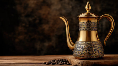 An elegant vintage brass teapot featuring intricate designs, placed on a wooden surface beside coffee beans, creating a warm and inviting atmosphere.の素材