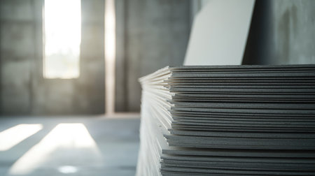 Stacks of drywall sheets, with plenty of room for text in the backgroundの素材