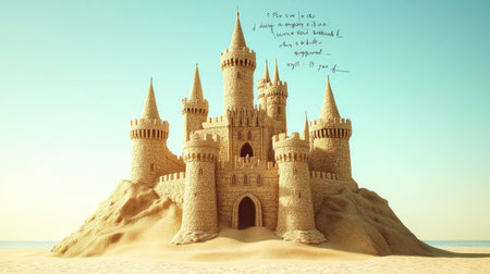 Sandcastle with tall turrets, sitting alone on a sandy beach, space for writing in the clear sky aboveの素材