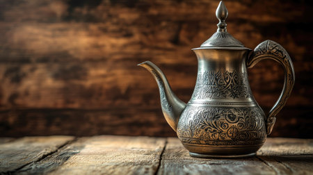 An intricate metal teapot rests gracefully on a rustic wooden surface, showcasing exquisite craftsmanship and ornate patterning, perfect for vintage decor.の素材