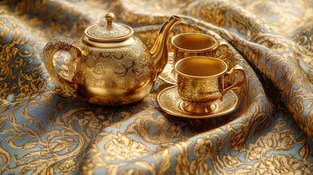 This image features an elegant golden teapot and matching cups arranged on a decorative fabric. The intricate design showcases luxury and tradition, perfect for refined tea settings.の素材