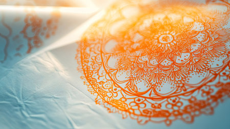 Explore a captivating orange mandala art design on soft fabric, showcasing intricate details and vibrant patterns. Perfect for creative projects and decor.の素材