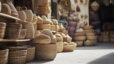 A vibrant scene showcasing an assortment of natural woven baskets in a market, highlighting artisan craftsmanship and unique designs in a warm, inviting atmosphere.の素材