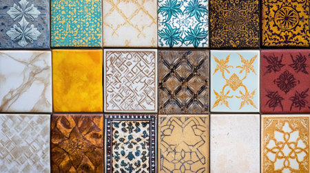 Discover a vibrant collection of decorative tile patterns, showcasing diverse colors and intricate designs suitable for home decor and renovation projects.の素材