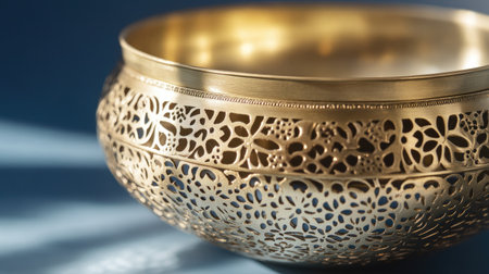 This image features a decorative gold bowl, showcasing intricate designs and patterns, perfect for enhancing any interior space with elegance and style.の素材