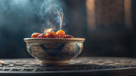 A beautifully crafted bowl holds dates, exuding aromatic smoke, perfect for capturing the essence of tradition and culture in an elegant setting.の素材