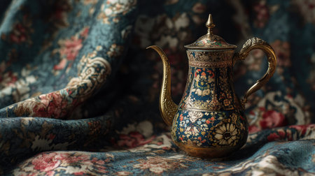 A beautifully crafted ornate teapot displayed against a floral fabric backdrop, showcasing intricate details and cultural artistry perfect for vintage decor.の素材