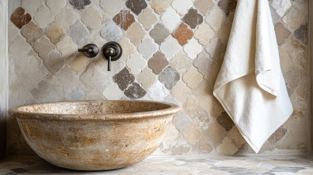 A rustic stone basin complements a stylish bathroom, featuring elegant tiles and a soft towel. Perfect for showcasing modern, minimalist decor.の素材