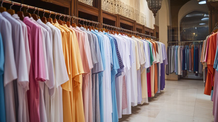 A vibrant display of colorful clothing in a modern retail store. This image showcases a variety of stylish garments arranged neatly on hangers, inviting shoppers.の素材