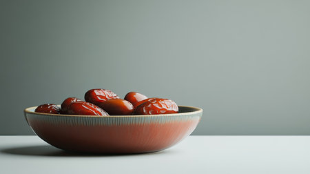 A close-up view of fresh dates arranged in a shallow bowl against a minimalist background, highlighting their rich color and inviting texture, perfect for food lovers.の素材