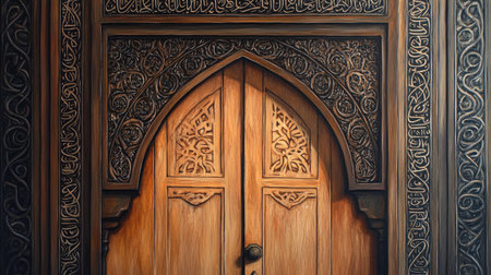Capture the essence of tradition with this intricate wooden door adorned with elegant Arabic calligraphy, showcasing detailed craftsmanship and cultural significance.の素材