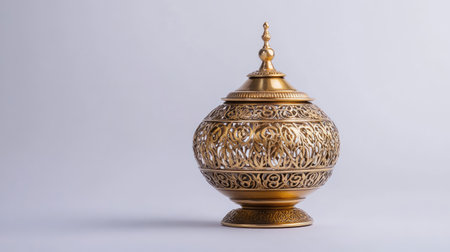 This ornate golden jar features an intricate design, perfect for adding elegance to decor. A beautiful piece showcasing craftsmanship and artistic detail.の素材