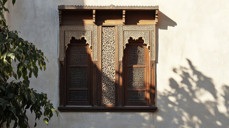 A beautifully crafted wooden window showcasing intricate patterns, casting soft shadows on the wall, encapsulating cultural heritage and architectural beauty.の素材