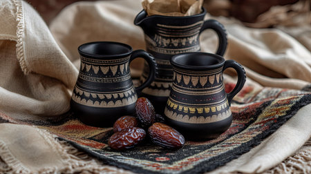 Beautiful handcrafted clay pots with intricate designs sit atop a textured textile, accompanied by dates, showcasing traditional artistry and cultural heritage.の素材