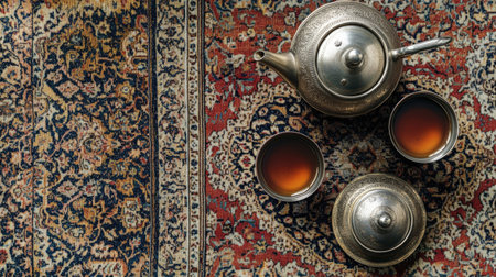 A traditional teapot with cups sits on a richly patterned rug, capturing the essence of hospitality and cultural heritage. Perfect for cozy tea moments.の素材