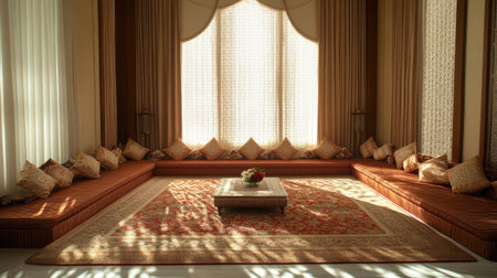 A beautifully designed interior space filled with natural light, offering a cozy and elegant atmosphere. Perfect for showcasing stylish home decor and comfort.の素材