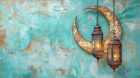 Beautiful Moroccan lanterns hang gracefully against a textured turquoise background, creating an inviting ambiance with a vintage touch, perfect for decor inspiration.の素材