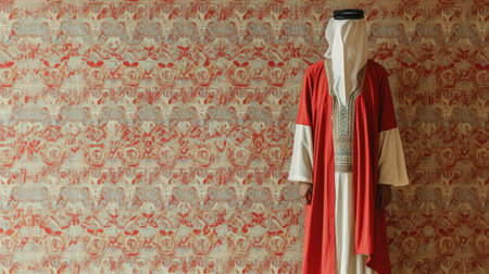 A male figure wearing traditional Arabic attire stands in front of an ornate decorative background, showcasing cultural heritage and fashion elements.の素材