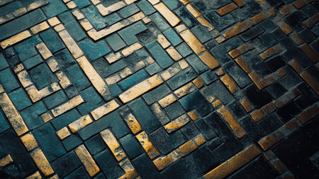 An intricate abstract maze pattern designed on a dark surface, featuring geometric lines and contrasting textures that create a visually captivating effect.の素材